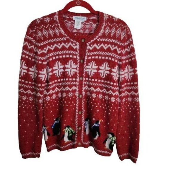 Coldwater Creek Red FairIsle Nordic Cardigan Sweater Penguins Snowflakes Size XS - Picture 1 of 6